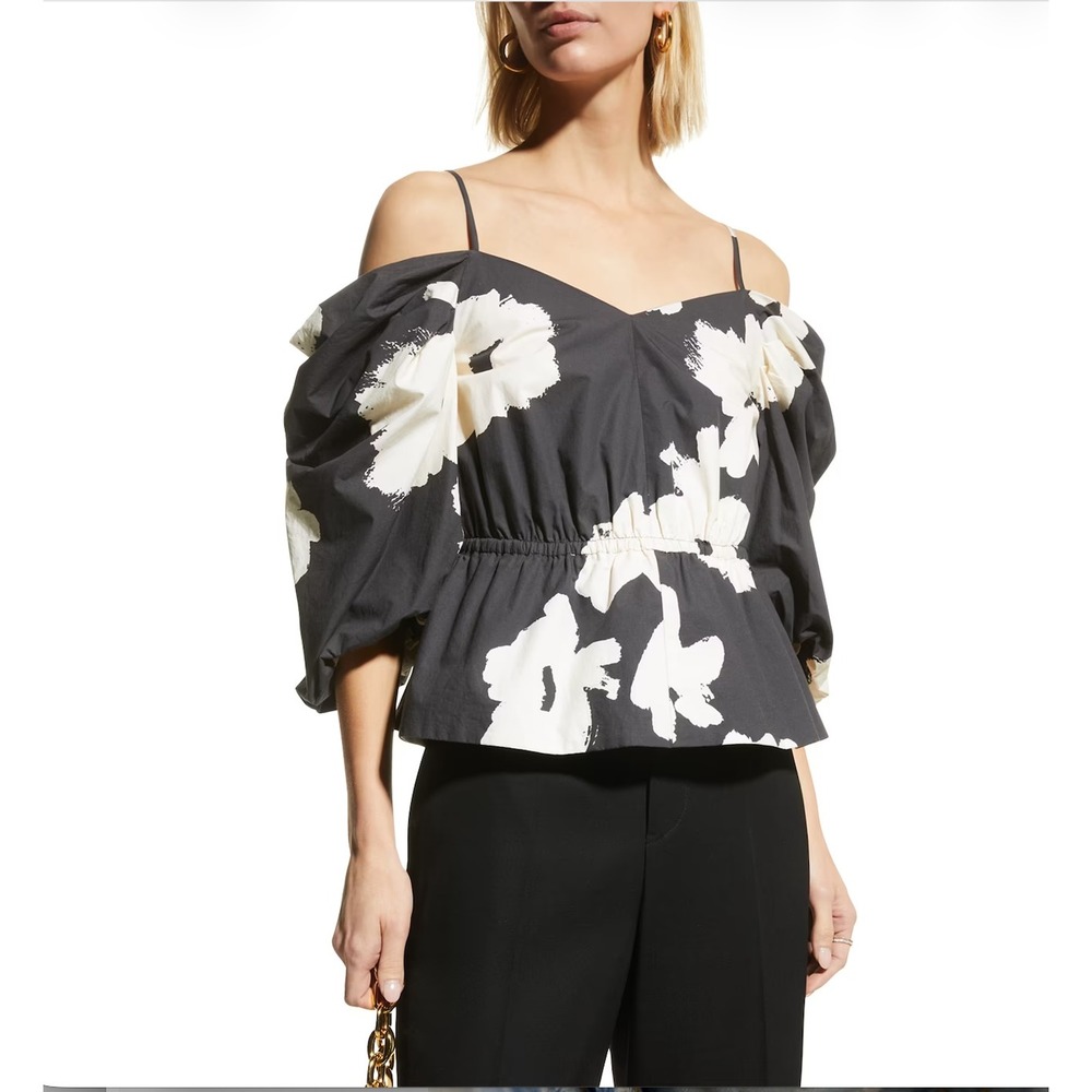 Tanya Taylor Blouse Women XS Black Floral Cold Shoulder Puff Sleeve Peplum